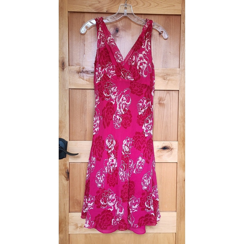 Ann Taylor 100% Silk Y2K Sz 8 P Pink Floral Midi V Neck Dress Coquette Romantic